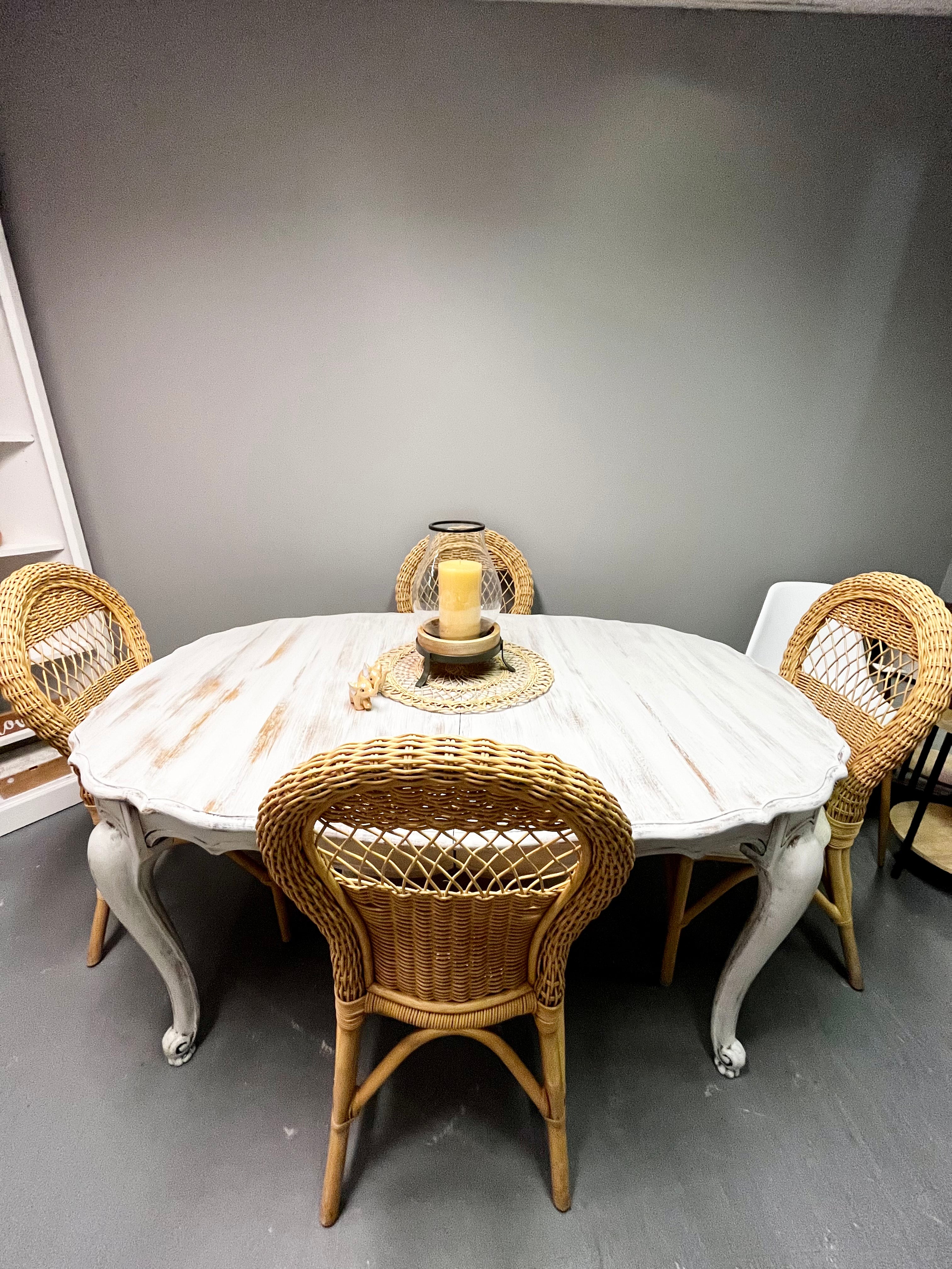 White washed solid wooden dining table and four chairs set!