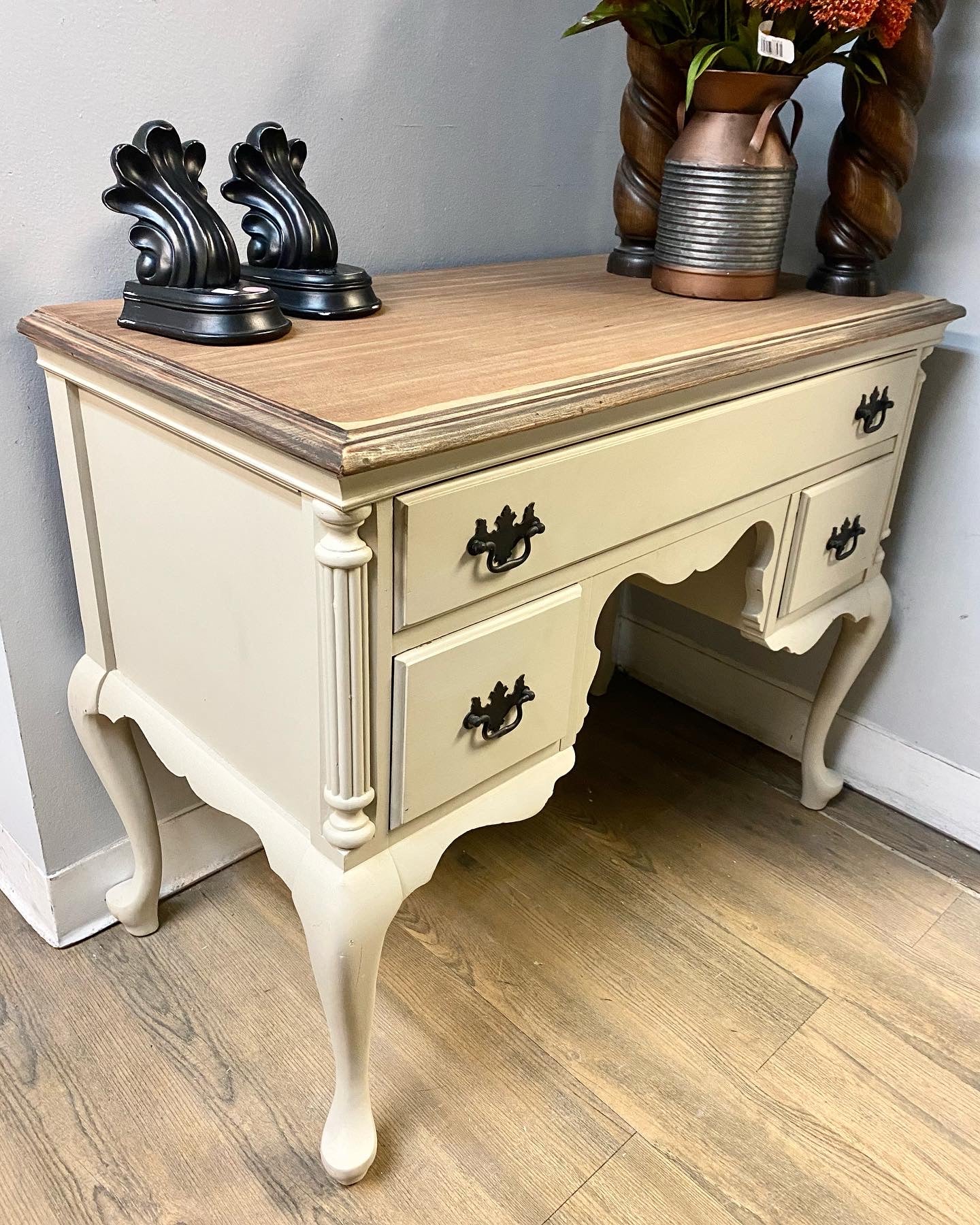 Neutral hand-painted distressed wood top desk
