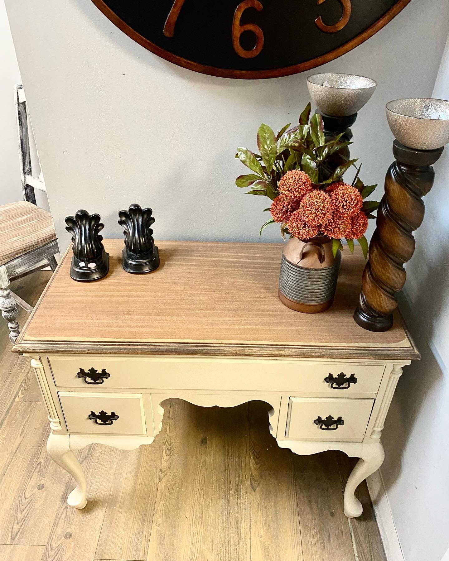 Neutral hand-painted distressed wood top desk