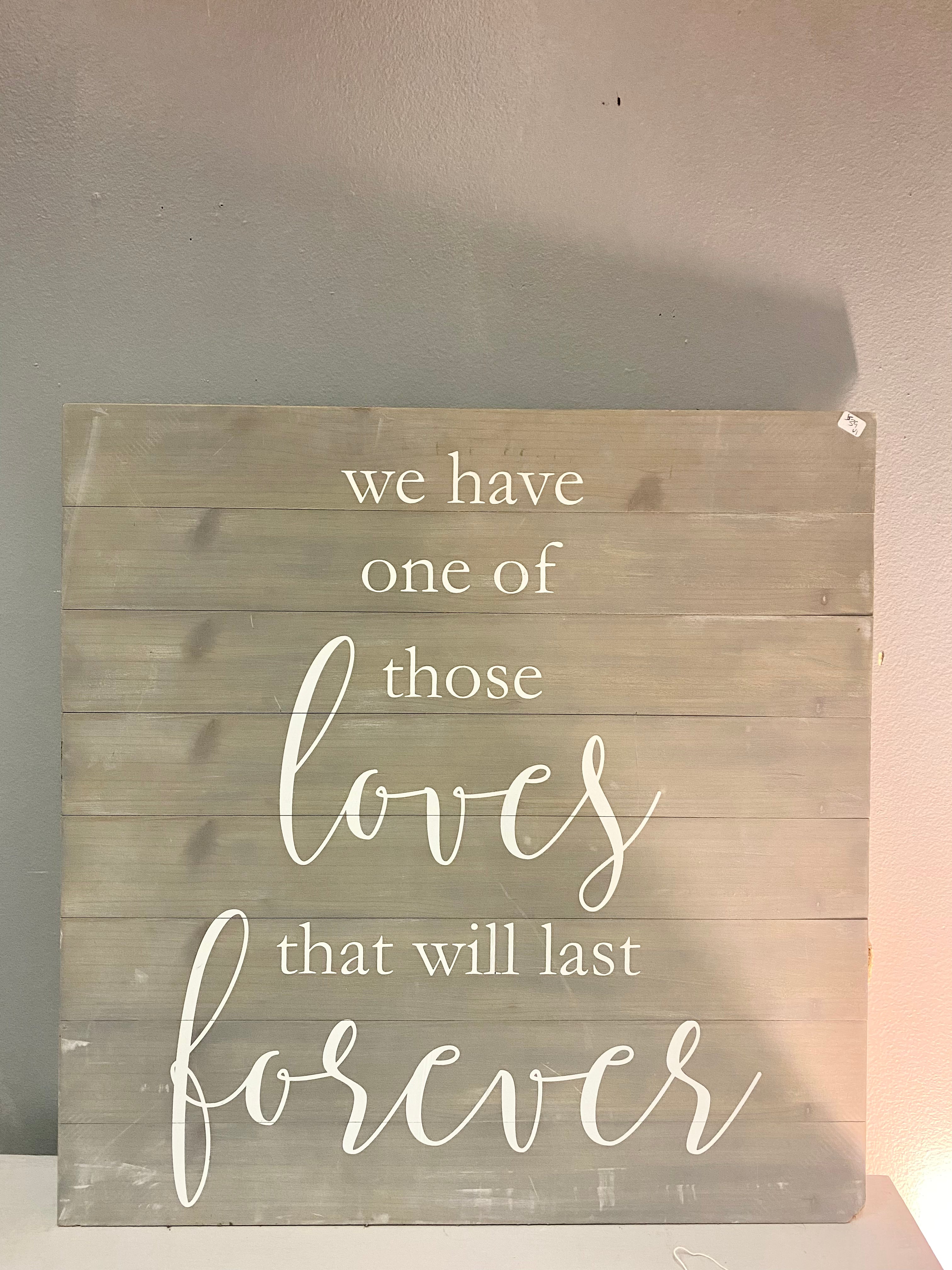 “We have one of those loves that will last forever” wooden wall sign